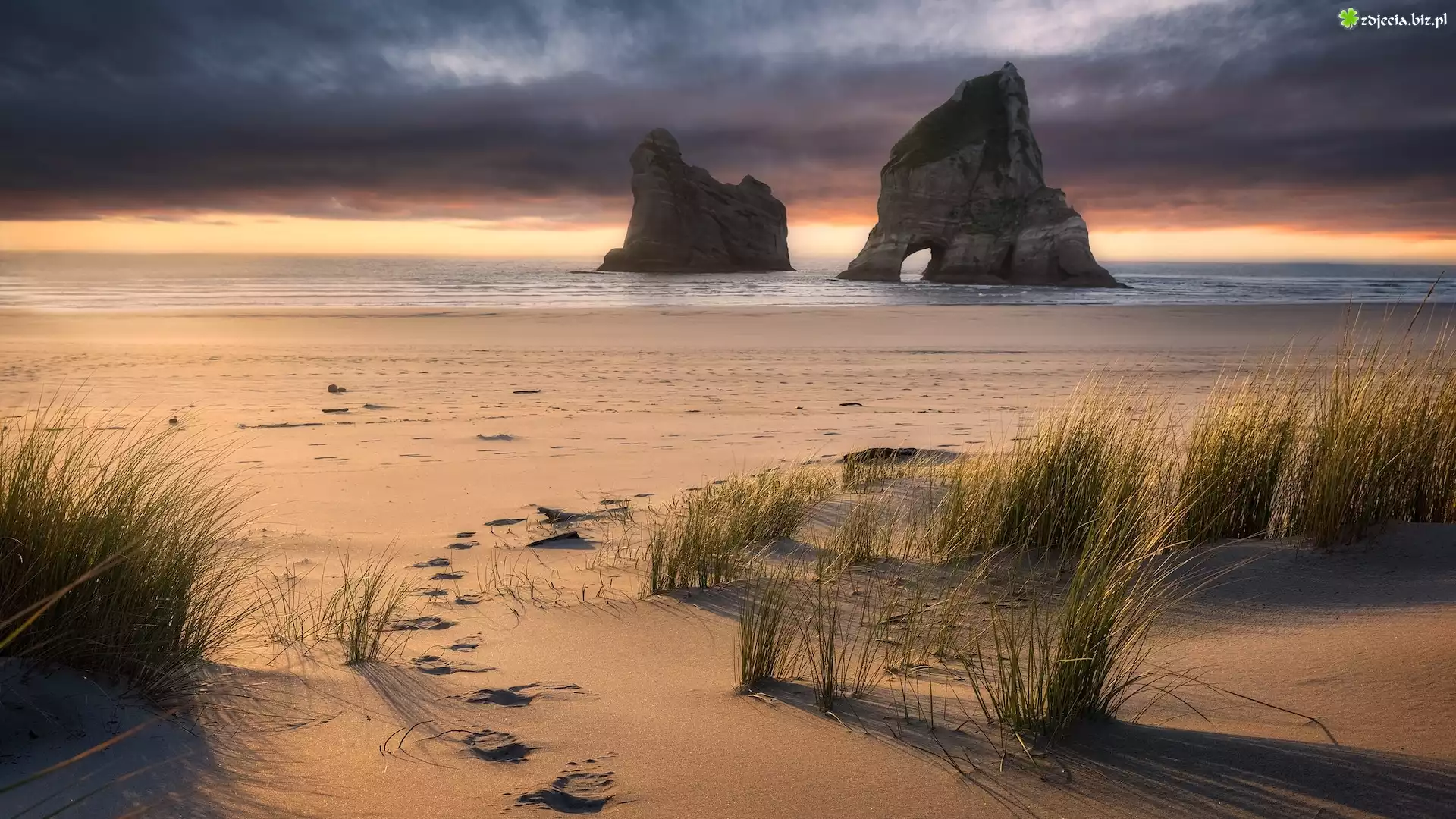 Nowa Zelandia, Morze Tasmana, Plaża, Wharariki Beach, Wybrzeże, Skały, Trawa, Ślady, Chmury