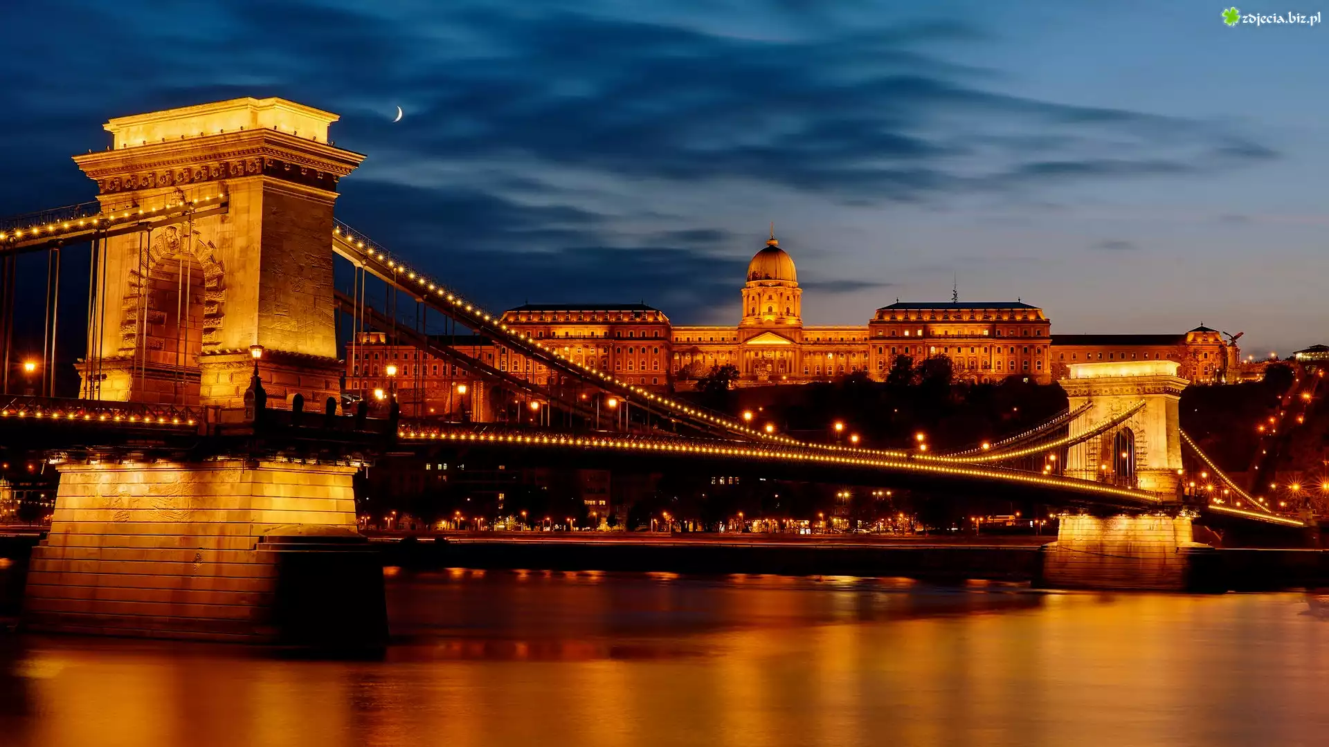 Węgry, Budapeszt, Rzeka Dunaj, Most Łańcuchowy, Parlament, Noc, Światła