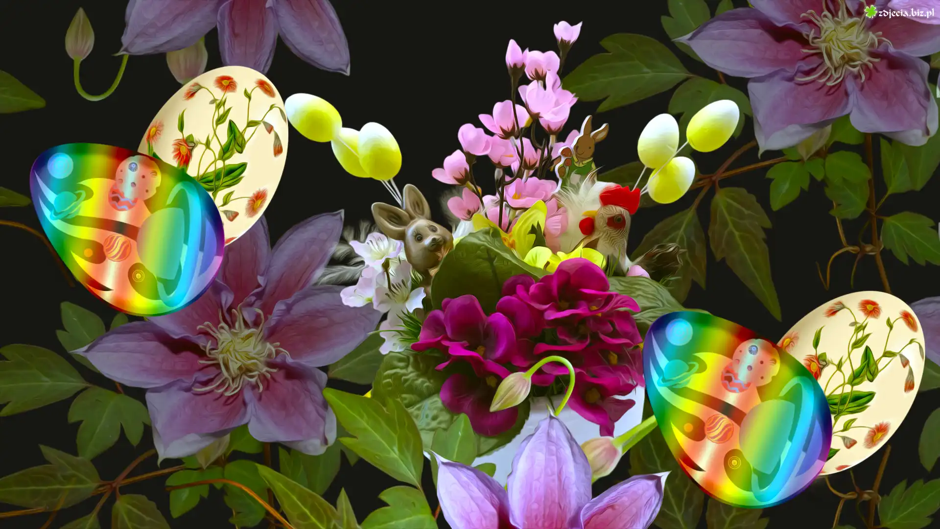 Wielkanoc, Pisanki, Kwiaty, Grafika