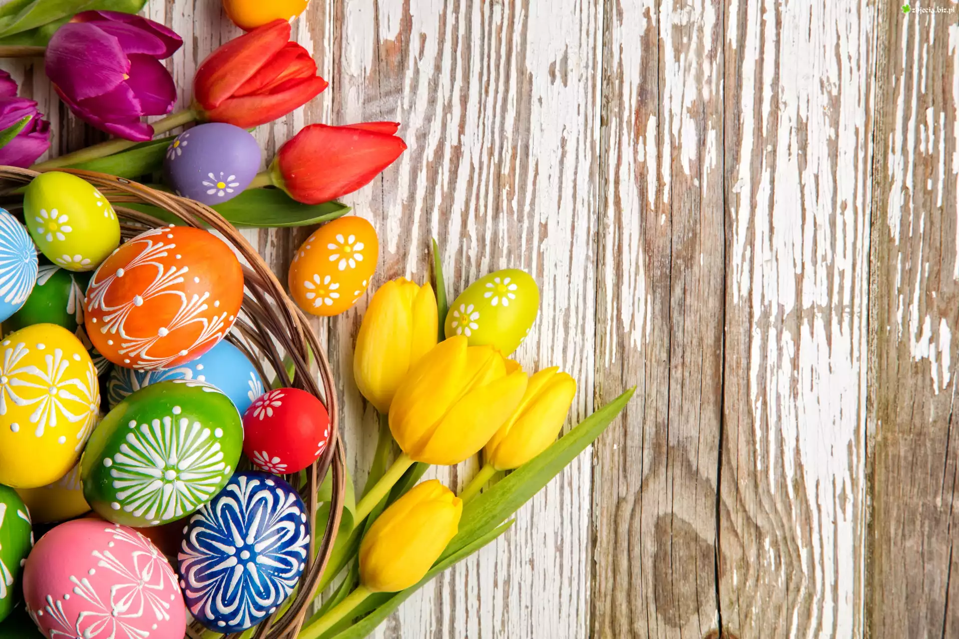 Wielkanoc, Kompozycja, Tulipany, Pisanki