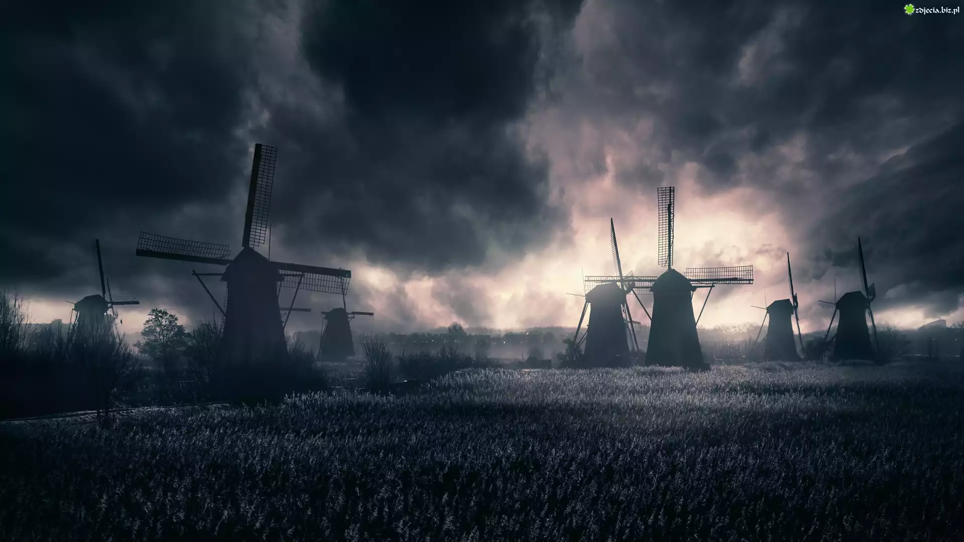Holandia, Wieś Kinderdijk, Ciemne, Chmury, Wiatraki, Pole