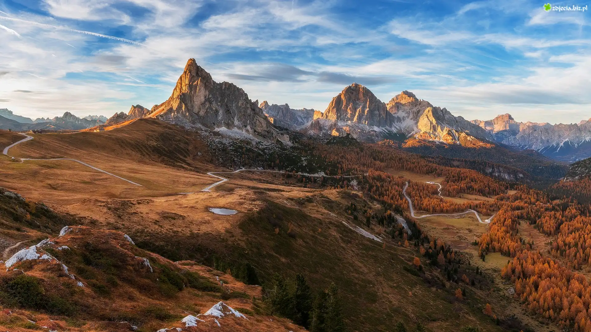 Włochy, Góry, Dolomity, Prowincja Belluno, Góry, Przełęcz, Passo di Giau, Droga, Drzewa, Jesień