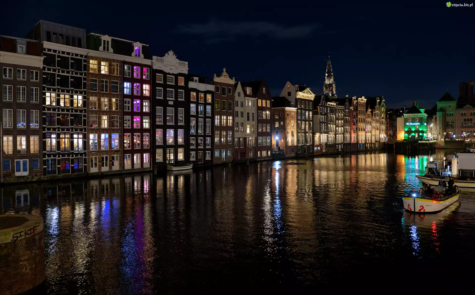 Holandia, Amsterdam, Kanał wodny, Domy, Noc, Światła