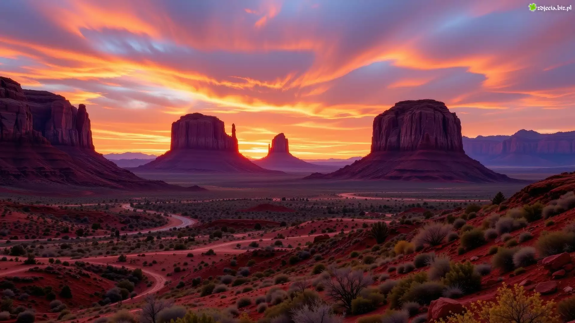 Stany Zjednoczone, Arizona, Wyżyna Kolorado, Dolina Skał, Monument Valley, Skały, Zachód słońca, AI