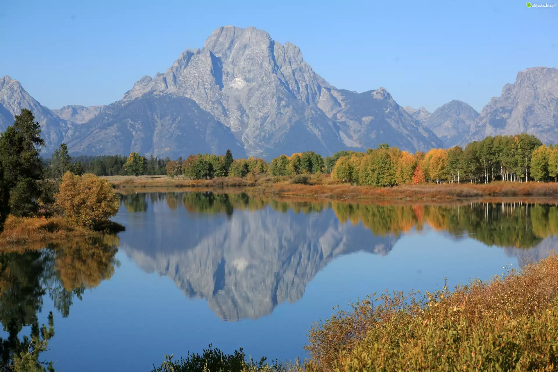 Stany Zjednoczone, Stan Wyoming, Park Narodowy Grand Teton, Rzeka Snake River, Góry Mount Moran