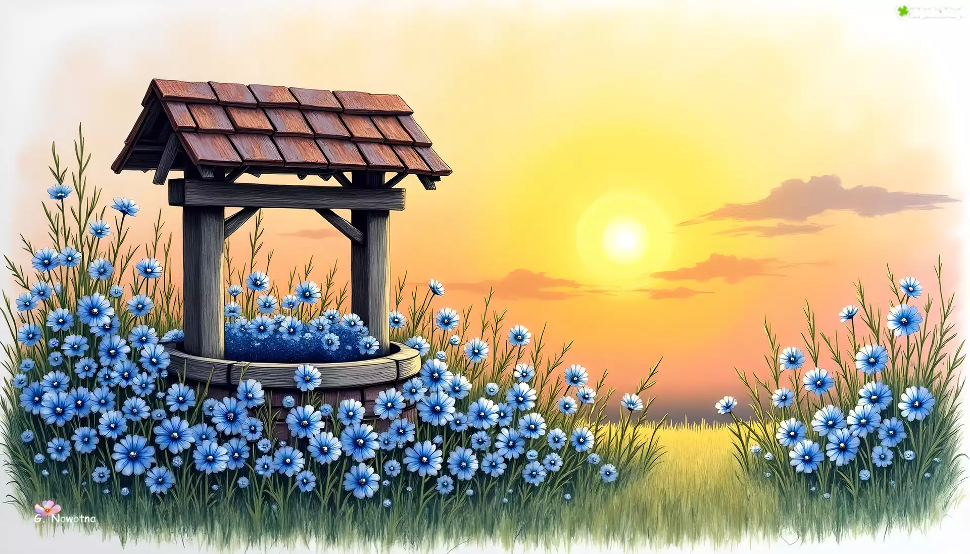 Niebieskie, Kwiaty, Studnia, Zachód słońca, 2D