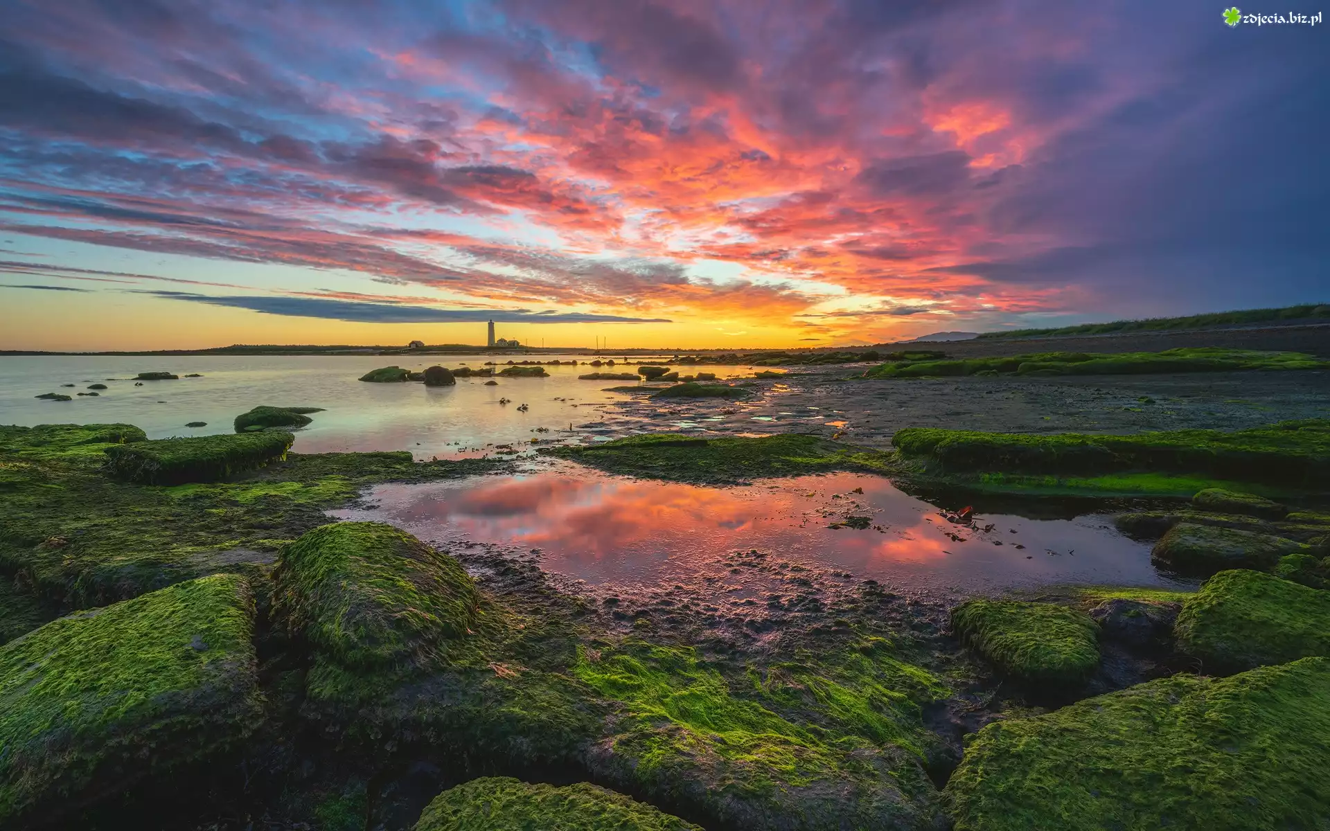 Morze, Latarnia morska, Grotta Island Lighthouse, Zachód sÅ‚oÅ„ca, Wybrzeże, ReykjavÃk, Islandia