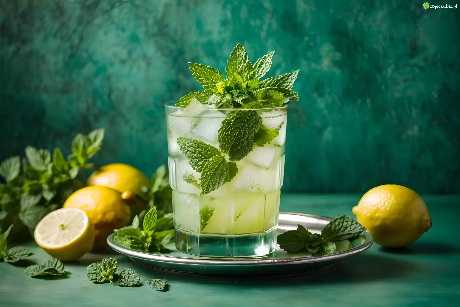 Koktajl alkoholowy, Mojito, Szklanka, Mięta, Kostki, Lodu, Taca, Cytryny, Zielone, Tło Alkohole