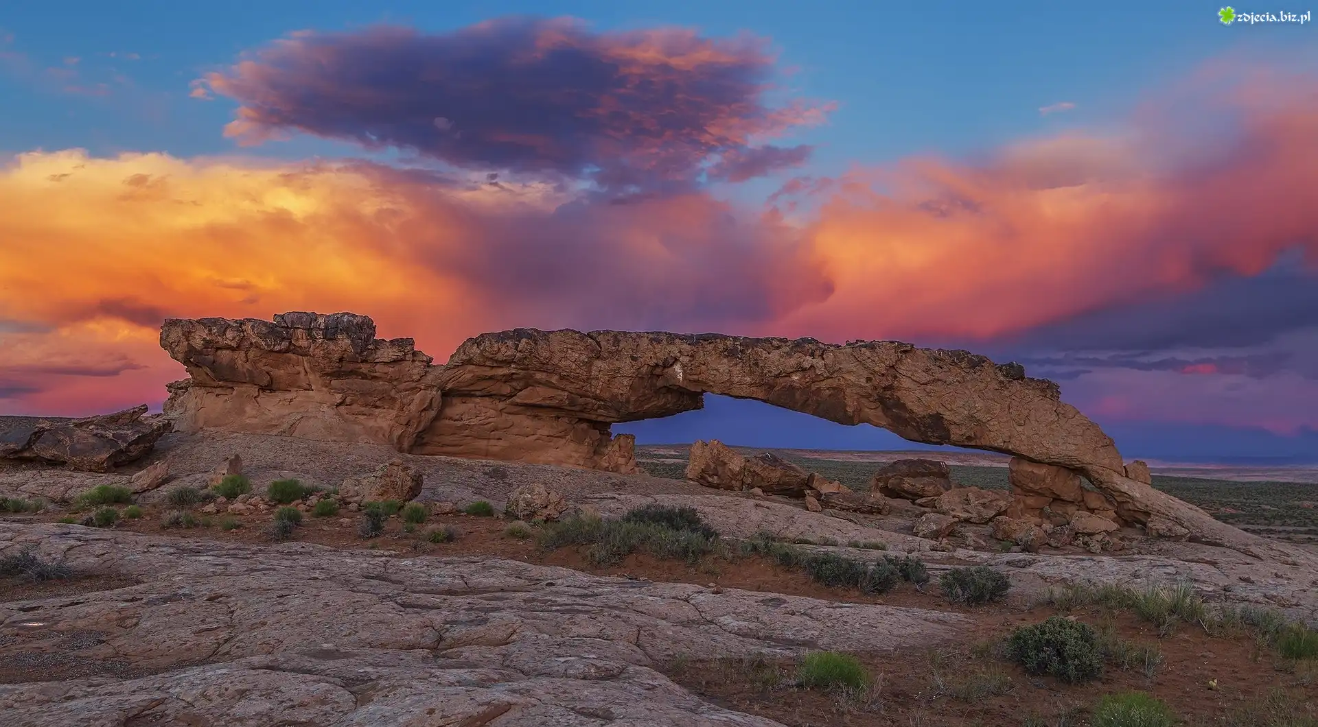 Stany Zjednoczone, Stan Utah, Park Narodowy Grand Staircase-Escalante National Monument, Formacja skalna Sunset Arch, Zachód Słońca, Chmury, Skała, Rośliny