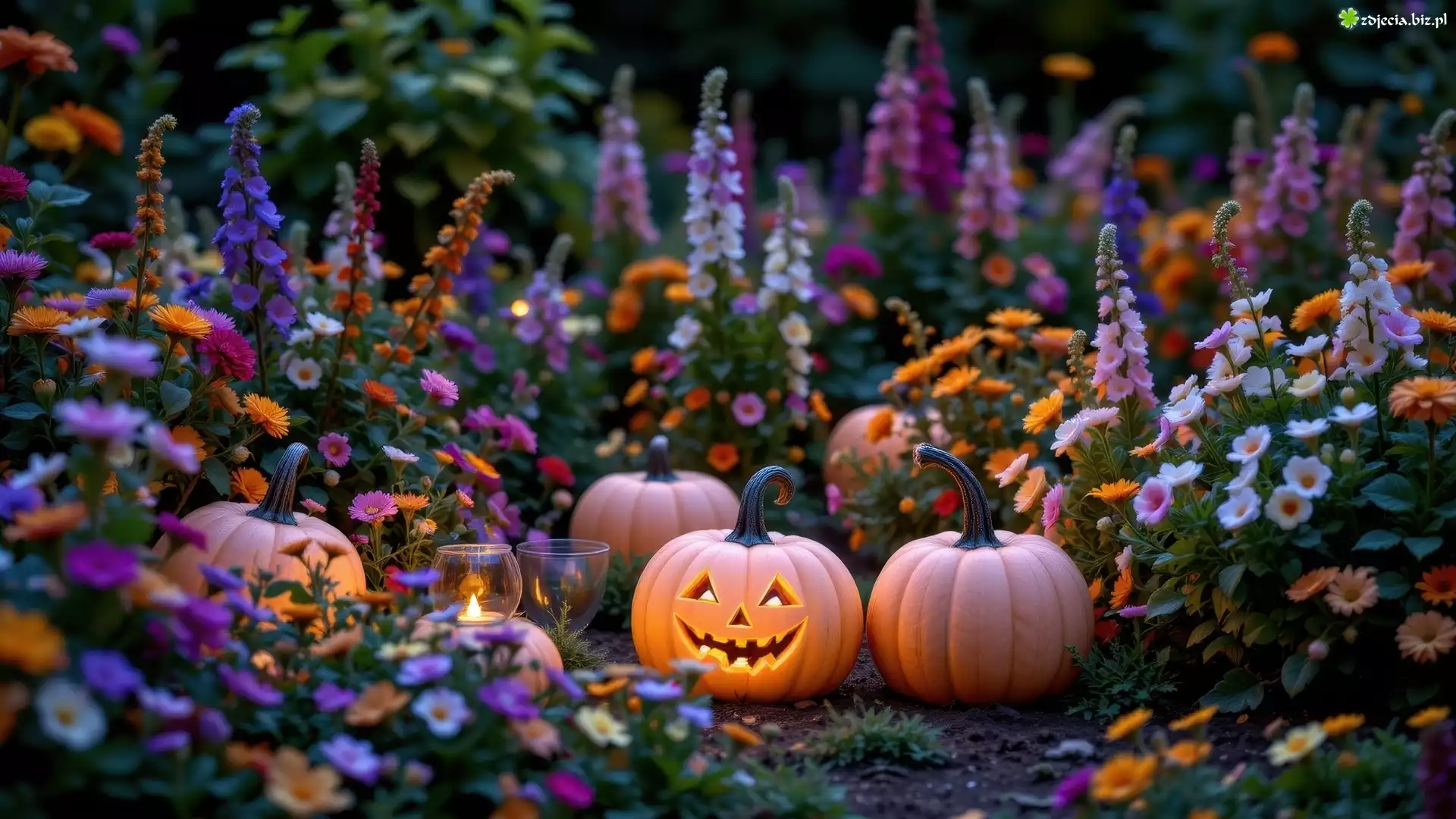 Ogród, Kolorowe, Kwiaty, Żółte, Podświetlane, Dynie, Halloween