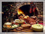 Choinka, Świąteczne, Jedzenie, Skarpety, Kominek