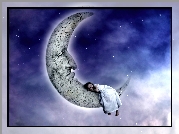 Noc, Księżyc, Śpiące, Dziecko