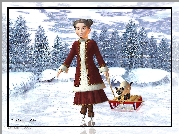 Zima, Dziewczynka, Sanki, Kot, 3D