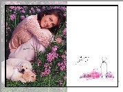 Estee Lauder, kobieta, kwiaty, szczeniaki, flakon, perfumy,  pleasures