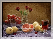 Winogrona, Gruszki, Grejfruty, Wino, Róże, Owoce, Kompozycja