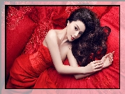 Fan Bingbing, Czerwona, Sukienka, Czarne, Włosy
