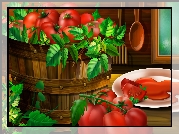 Pomidory, Liście, Talerz, Grafika