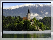 Jezioro, Zamek, Bled, Słowenia, Góry
