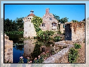 Staw, Dworek, Scotney Castle, Zieleń, Chmury, Hrabstwo Kent, Anglia