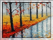 Rzeka, Drzewa, Liście, Jesień, Obraz