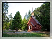 Stany Zjednoczone, Stan Kalifornia, Park Narodowy Yosemite, Drewniany, Kościółek Yosemite Valley Chapel, Drzewa