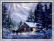 Zima, Konie, Dom, Góry, Drzewa