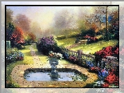 Ogród, Kwiaty, Oczko, Wodne, Thomas Kinkade