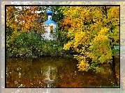 Rzeka, Drzewa, Kapliczka, Jesień