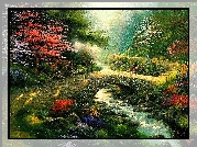 Rzeczka, Most, Kwiaty, Drzewa, Obraz