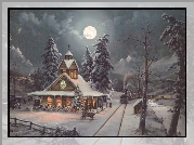 Dworzec, Pociąg, Zima, Boże, Narodzenie, Malarstwo