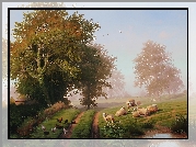 Owce, Kury, Drzewa, Droga, Łąki, Reprodukcja, Obrazu