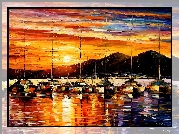 Reprodukcja obrazu, Leonid Afremov, Żaglówki, Góry, Zachód słońca