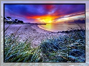 Zachód, Jezioro, Plaża, Trawa