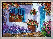 Dom, Niebieskie, Drzwi, Okno, Kwiaty