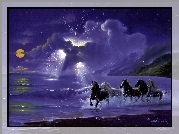 Konie, Morze, Plaża, Noc, Księżyc