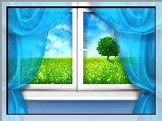 Okno, Łąka, Drzewo, Niebieskie, Zasłony