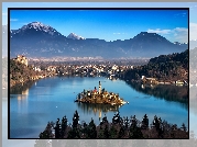 Góry, Jezioro, Wyspa, Bled, Słowenia