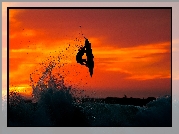 Zachód, Słońca, Morze, Mężczyzna, Surfing