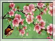 Kwiaty, Owocowego, Drzewa, Motyl, Art