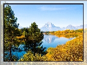 Stany Zjednoczone, Stan Wyoming, Park Narodowy Grand Teton, Rzeka Snake River, Góry, Szczyt Mount Moran, Drzewa
