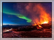 Islandia, Góry, Erupcja, Wulkanu, Zorza, Polarna
