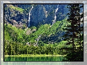 Stany Zjednoczone, Stan Montana, Park Narodowy Glacier, Jezioro Hidden Lake, Góry, Drzewa, Wodospady