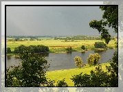 Rzeka, Łąki, Drzewa, Panorama