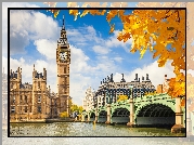 Anglia, Londyn, Rzeka Tamiza, Most Westminsterski, Big Ben, Jesień