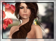 Dziewczyna, Brunetka, Żołna, Grafika, Art