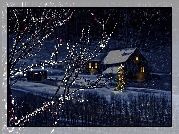 Zima, Noc, Boże, Narodzenie, Domy, Choinka, Drzewa, Śnieg