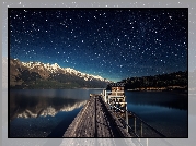 Jezioro, Góry, Noc, Gwiazdy, Pomost