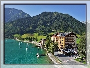 Tyrol, Góry, Lasy, Pertisau, Hotel, Jezioro, Achensee, Jachty