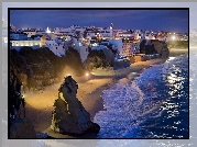 Albufeira, Panorama, Miasta, Morze, Wybrzeże, Skały, Noc