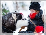 Dziecko, Zima, Gałązka, Pies,  Siberian Husky